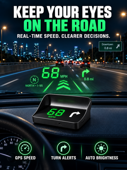 Car HUD Head Up Display, GPS Speedometer with Turn Alerts & Auto Brightness, Real-Time Speed Projection for Safe Driving