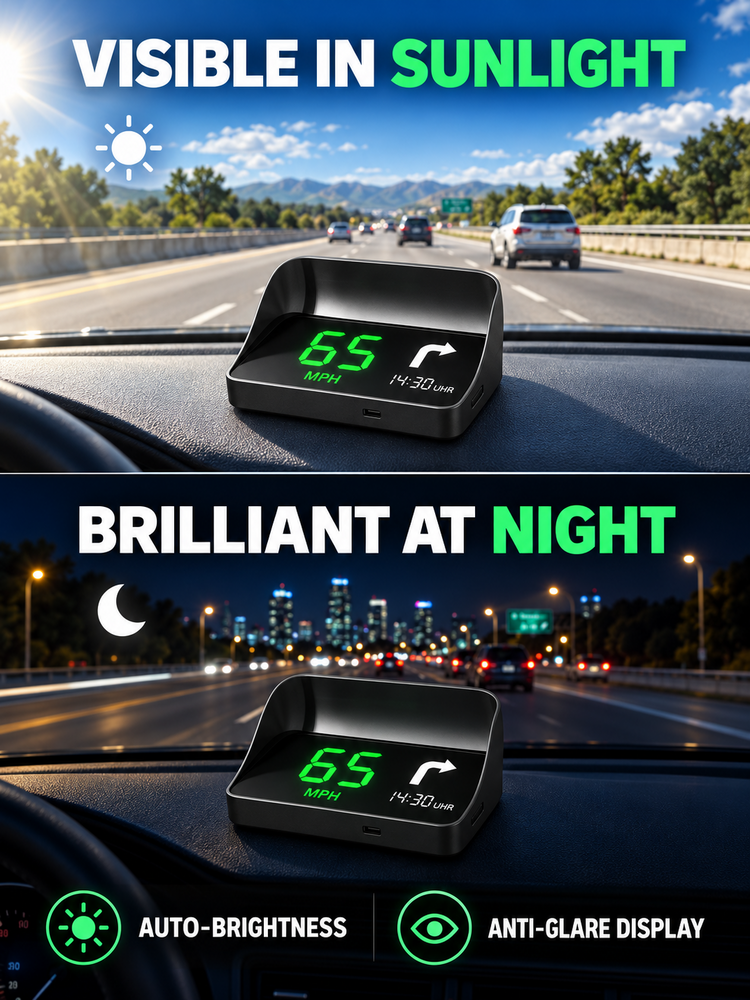 Car HUD Head Up Display, GPS Speedometer with Turn Alerts & Auto Brightness, Real-Time Speed Projection for Safe Driving