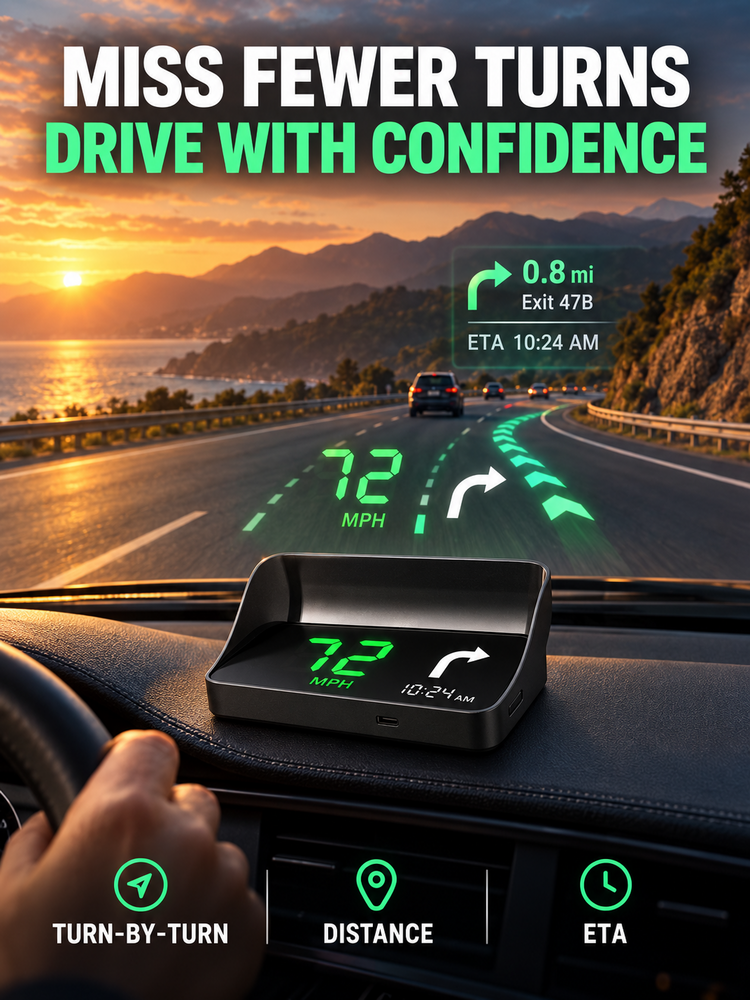 Car HUD Head Up Display, GPS Speedometer with Turn Alerts & Auto Brightness, Real-Time Speed Projection for Safe Driving